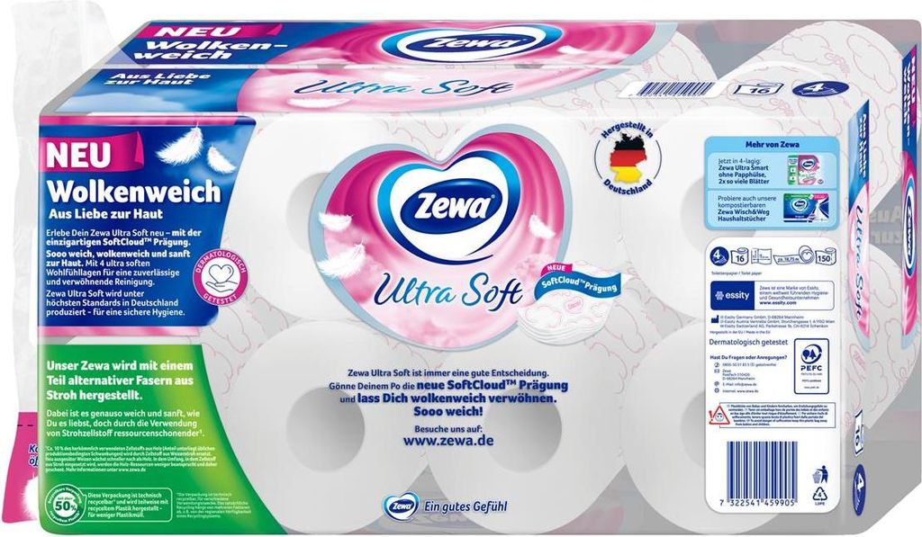 A multi-pack of Zewa Ultra Soft toilet paper rolls, presented in its retail packaging.