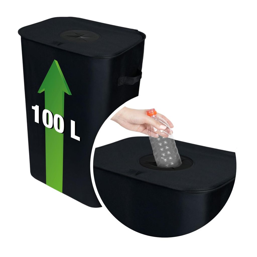 Valle Verde 100L Pfandflaschen Sammelbehälter, Flaschensammler, Leergut, Pfandflaschen Aufbewahrung - Mit Deckel & Innentasche - Schwarz, 44x33x70 cm