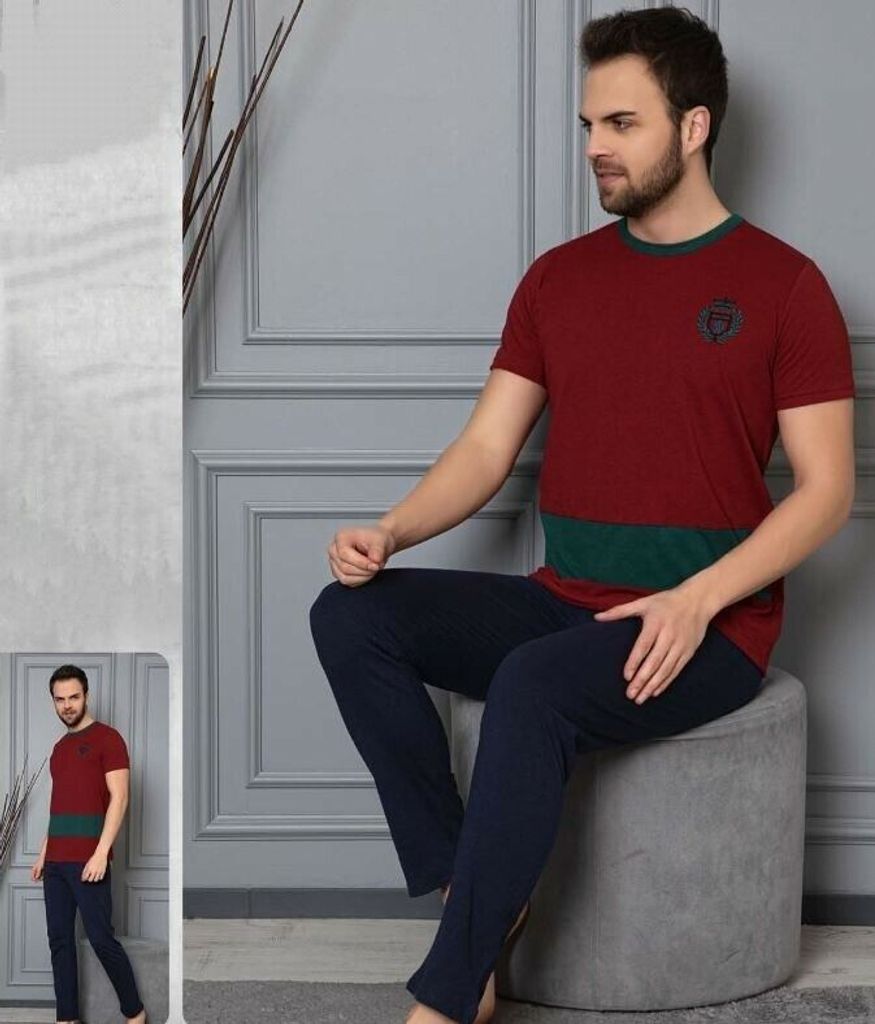 Herren Pyjama Schlafanzug Rot M Baumwolle Kurz 2-Teiler Set C-33