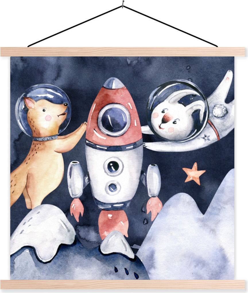MuchoWow Textilposter Weltraum - Rakete - Kaninchen - Jungen - Mädchen - Kinder 40x40 cm mit holzfarbenen Rahmen - Posterleiste