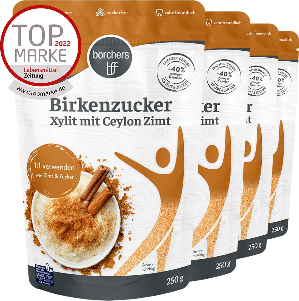 BORCHERS 100% Xylit Birkenzucker mit Ceylon Zimt (4x250g)