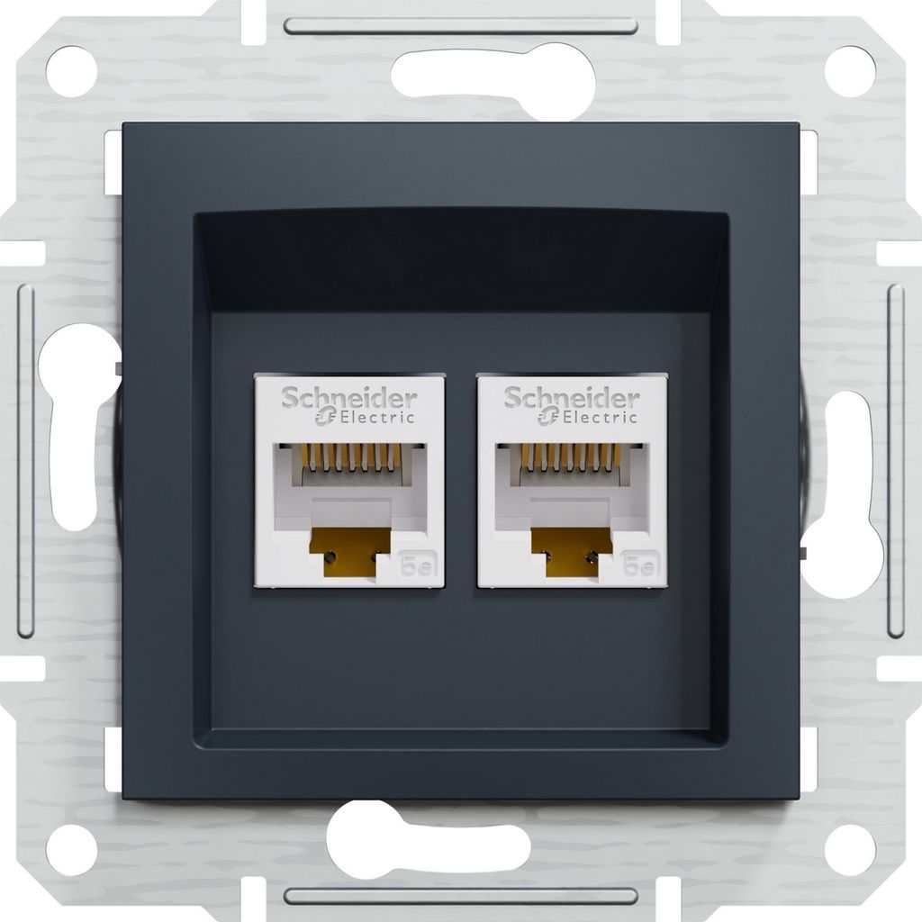 A close-up, front-facing view of a wall-mounted network data socket with two RJ45 ports.