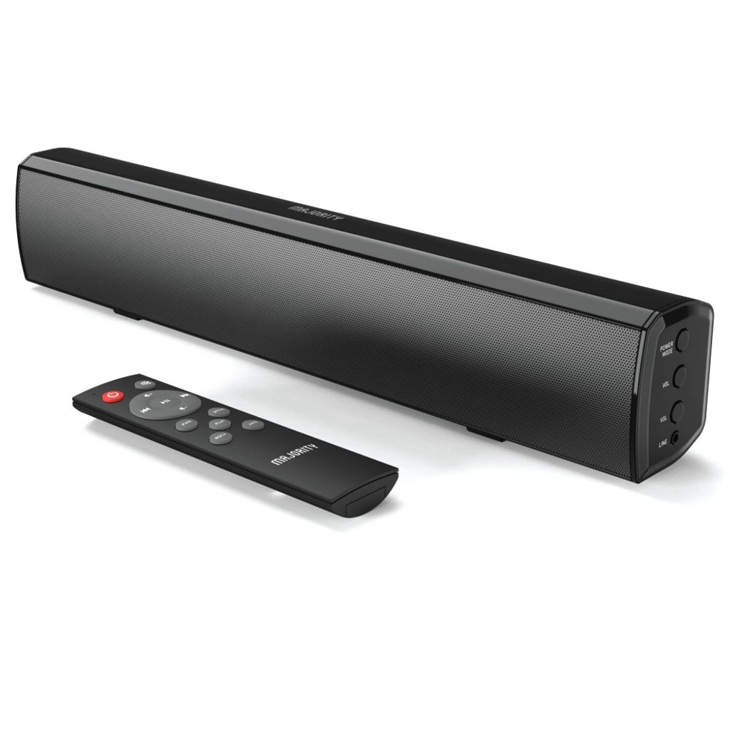 A black soundbar and its remote control are displayed on a white background.