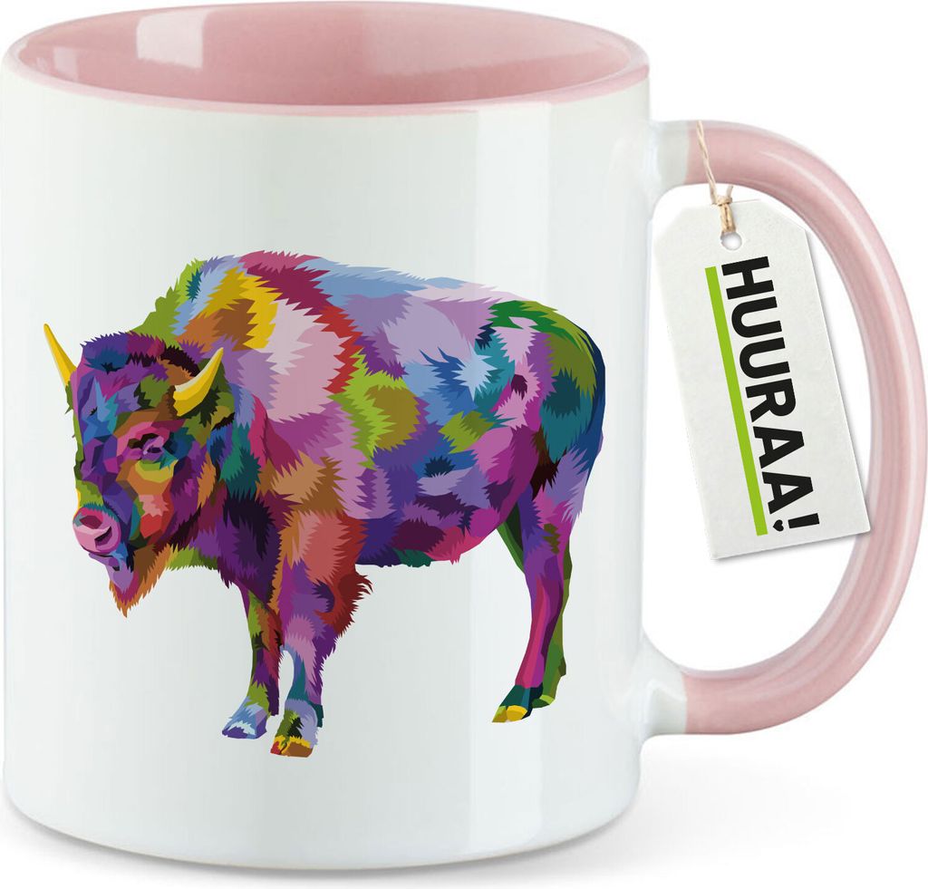 Huuraa Kaffeetasse Bison Colorful 330ml Rosa Keramik Kaffeebecher Geschenkidee