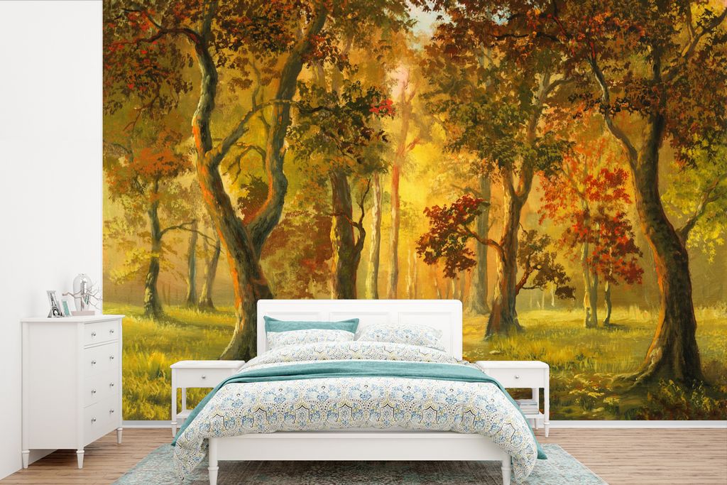 MuchoWow Fototapete für Wohnzimmer oder Schlafzimmer Wandtapete Vinyl Motivtapete Eine Illustration eines Waldes in der Herbstsonne - 450x300 cm...