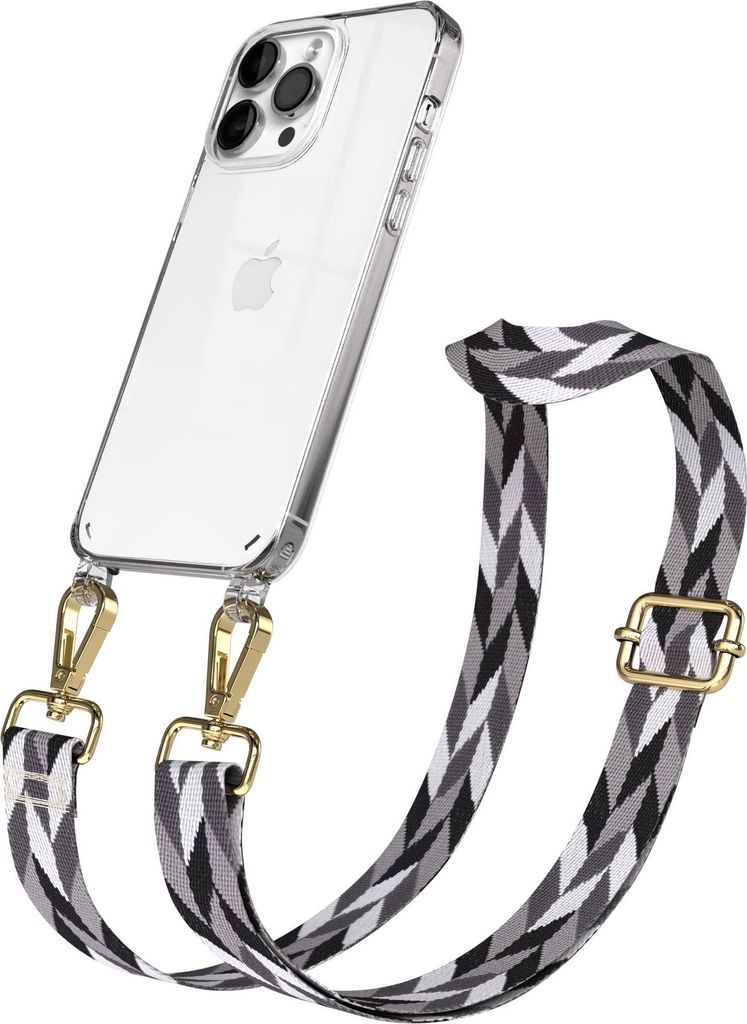 EAZY CASE Handykette - Verstellbarer Trageriemen kompatibel mit Apple iPhone 14 Pro Max, Handykordel mit transparenter Silikon-Hülle, Karabiner Go...