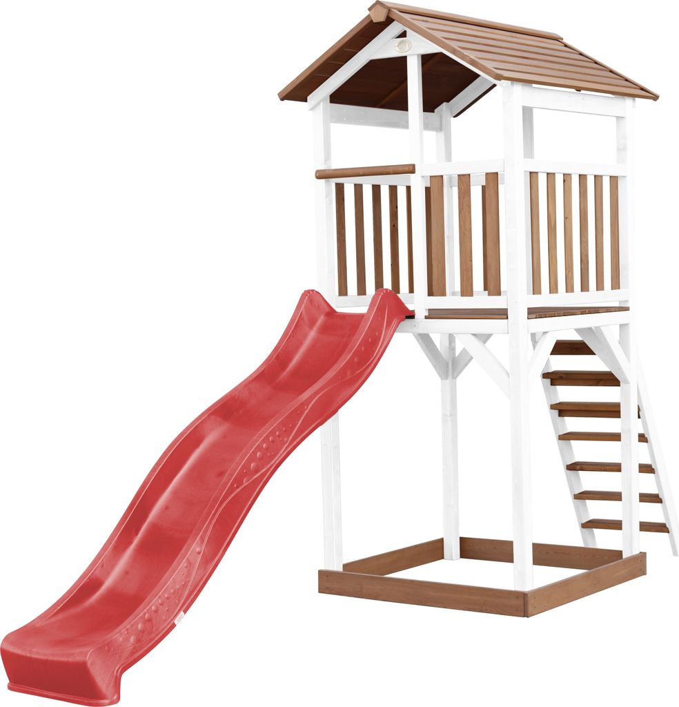 AXI Beach Tower Spielturm aus Holz in Braun & Weiß | Spielhaus für Kinder mit roter Rutsche und Sandkasten | Stelzenhaus für den Garten