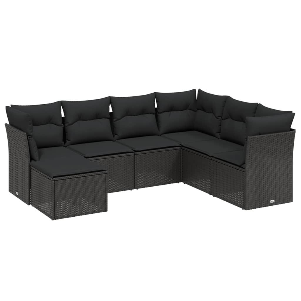 vidaXL 7-tlg. Garten-Sofagarnitur mit Kissen Schwarz Poly Rattan