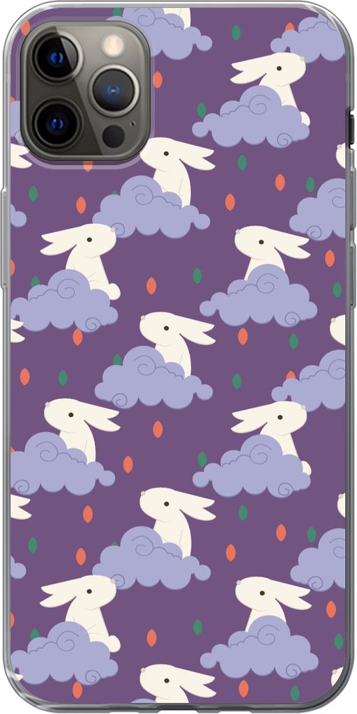 MuchoWow Handyhülle Schutzhülle Hülle für Telefoonhoesje iPhone 12 Pro Max Muster - Kaninchen - Luft - Lila - Mädchen - Kinder - Kinder Sili...