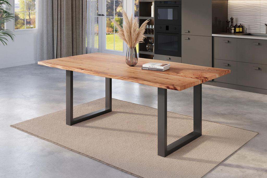 Esstisch Baumkante 200 x 100 cm Akazie natur massiv U-Gestell schwarz NICK