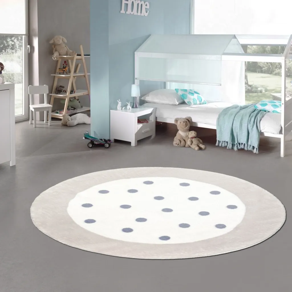 Tapis de chambre enfant rond 120 cm gris et crème - Déco de sol douce