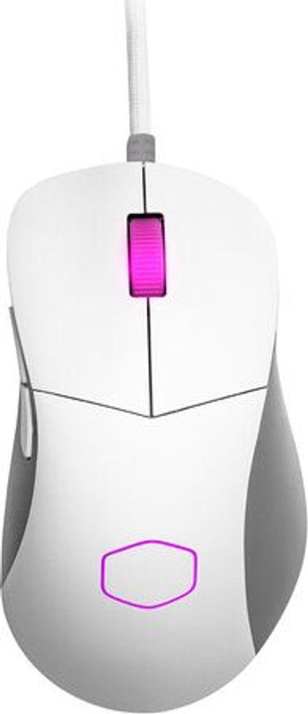 A white computer mouse with pink accents and lighting, shown from a top-down perspective against a white background.