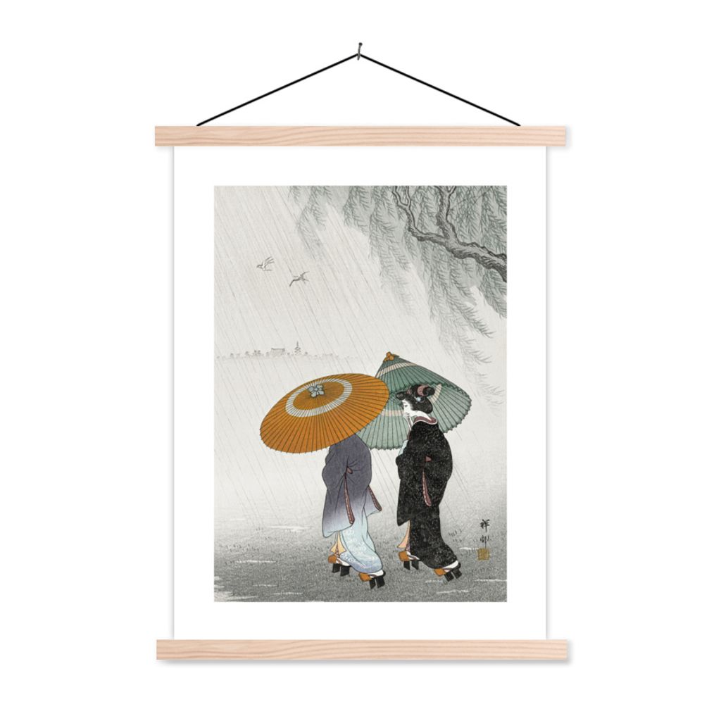 MuchoWow Textilposter Kimono - Regenschirm - Japanisch - Vintage 120x160 cm mit holzfarbenen Rahmen - Plakatkarton