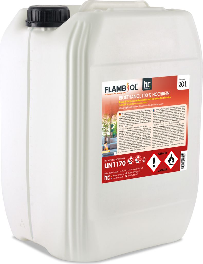A white plastic jerrycan with a red and orange label.