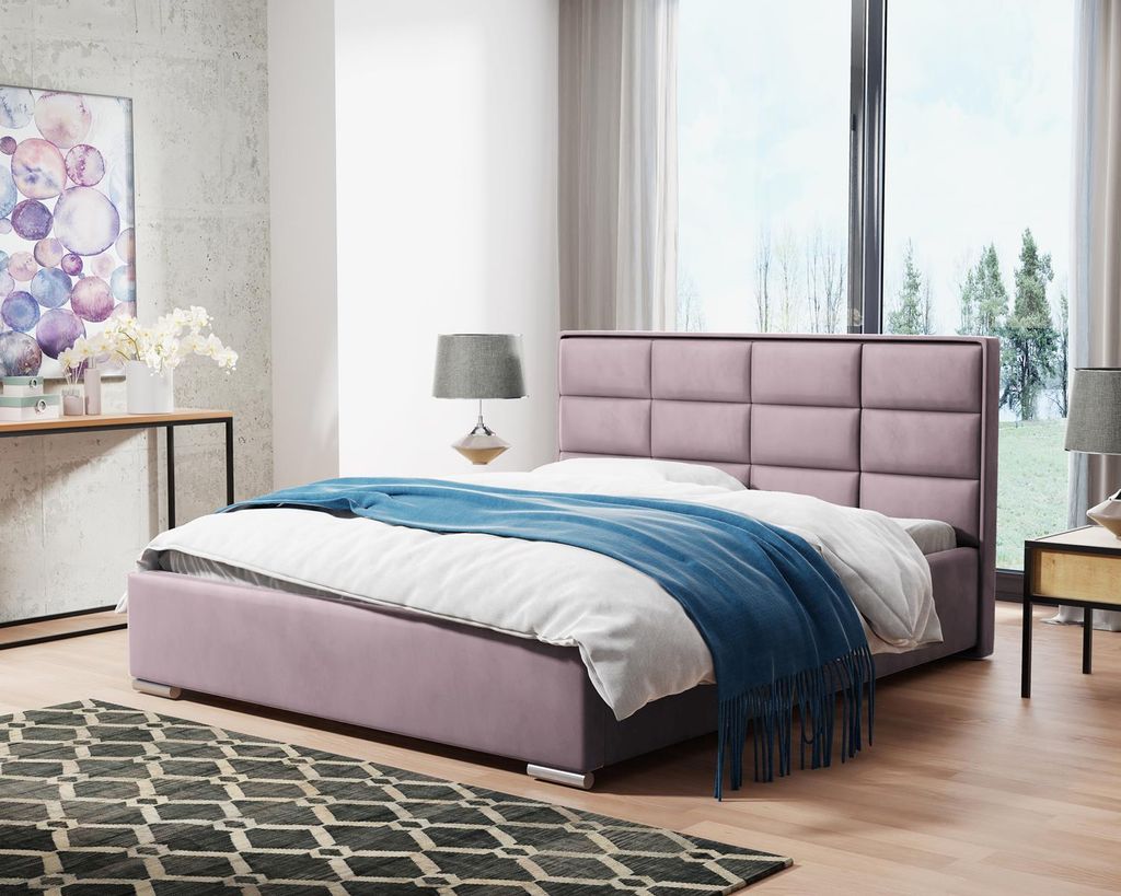 Polsterbett mit Metallrahmen und Gaszylinder Uno, Doppellbett mit bettkasten, Polsterpaneelen (Stoff: kronos 27 - puderrosa, Große: 160x200 cm)
