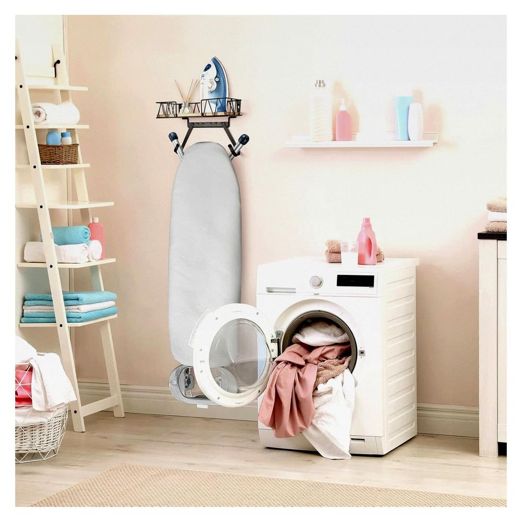 Wandhalterung für Bügelbrett | Halterung für Bügeleisen | Mit Holzkorb und Haken zum Aufhängen von Bügelbrettern | Geräumiger Stauraum | Fü...