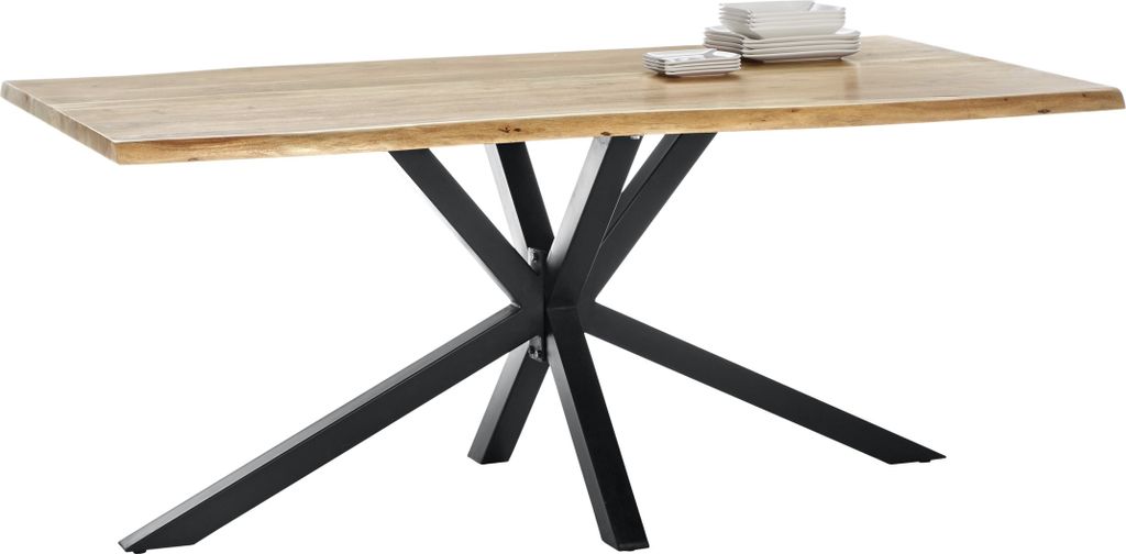 TPFLiving Tisch 200x100 cm, Akazie natur Platte Akazie, Gestell Metall Platte natur, Gestell antikschwarz