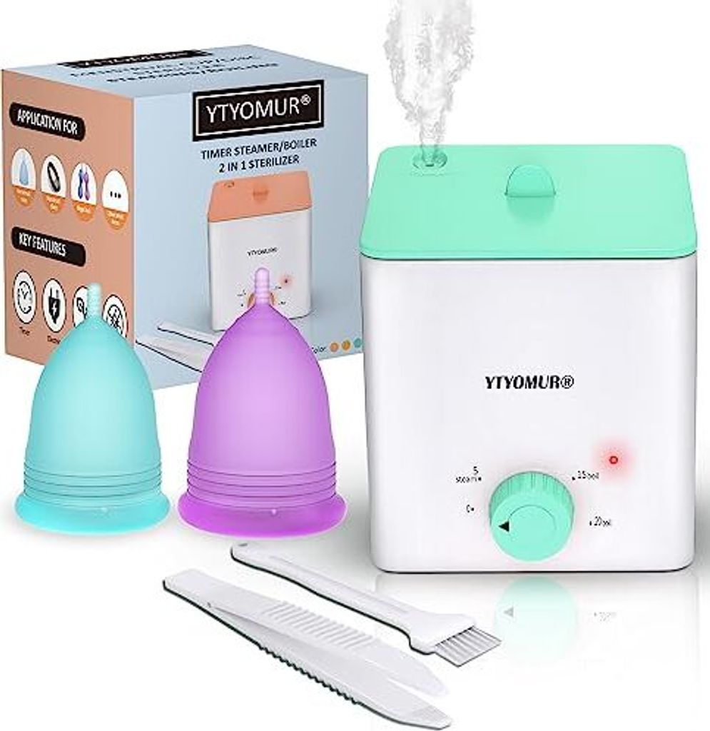 Menstruationsbecher -Dampfer Steriliser 2 wiederverwendbare Perioden Tassen, Becher sauberer Waschsatz, automatische Hochtemperaturdampfsterilisation