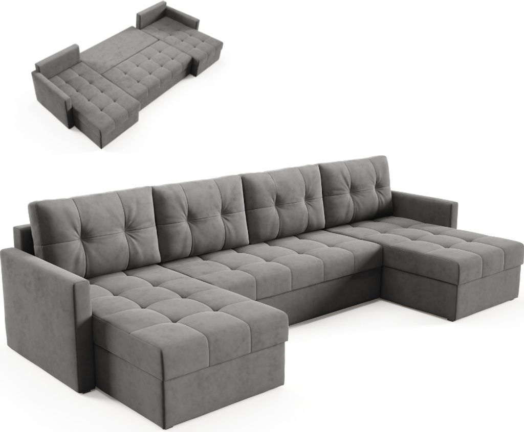 BETTSO Elegantes U-Ecksofa OLIVIA 301 cm mit Schlaffunktion gesteppt Dunkelgrau 1 Behälter