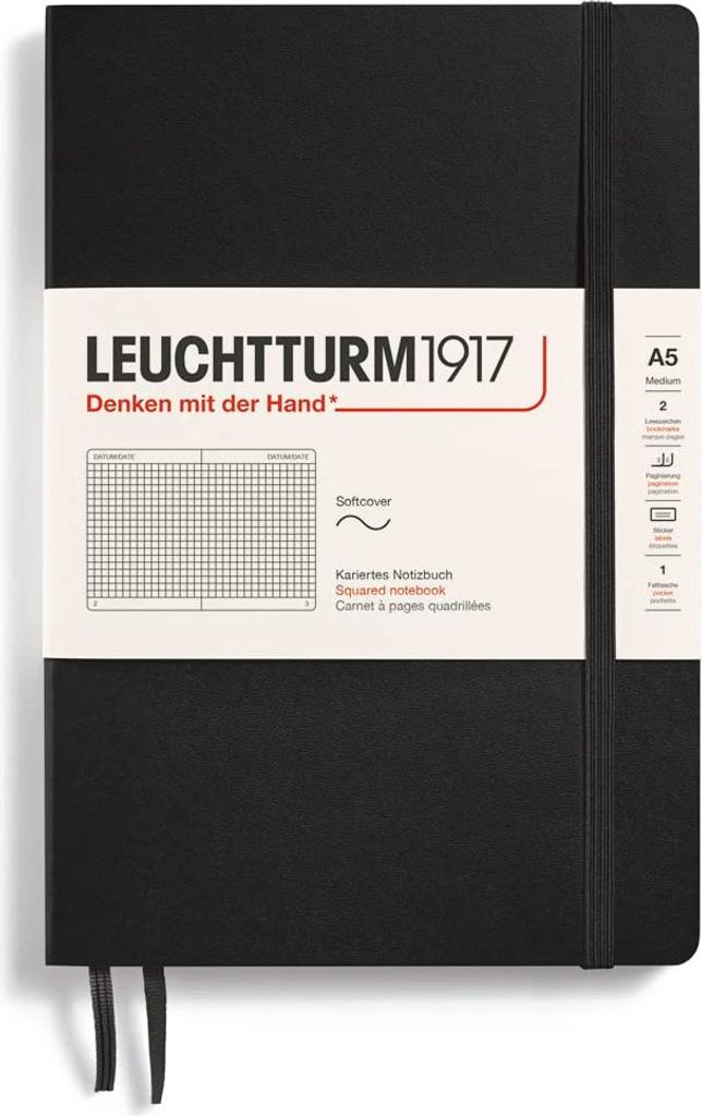 Leuchtturm 310337, Einfarbig, Schwarz, A5, 80 g/m², Kariertes Papier, Softcover
