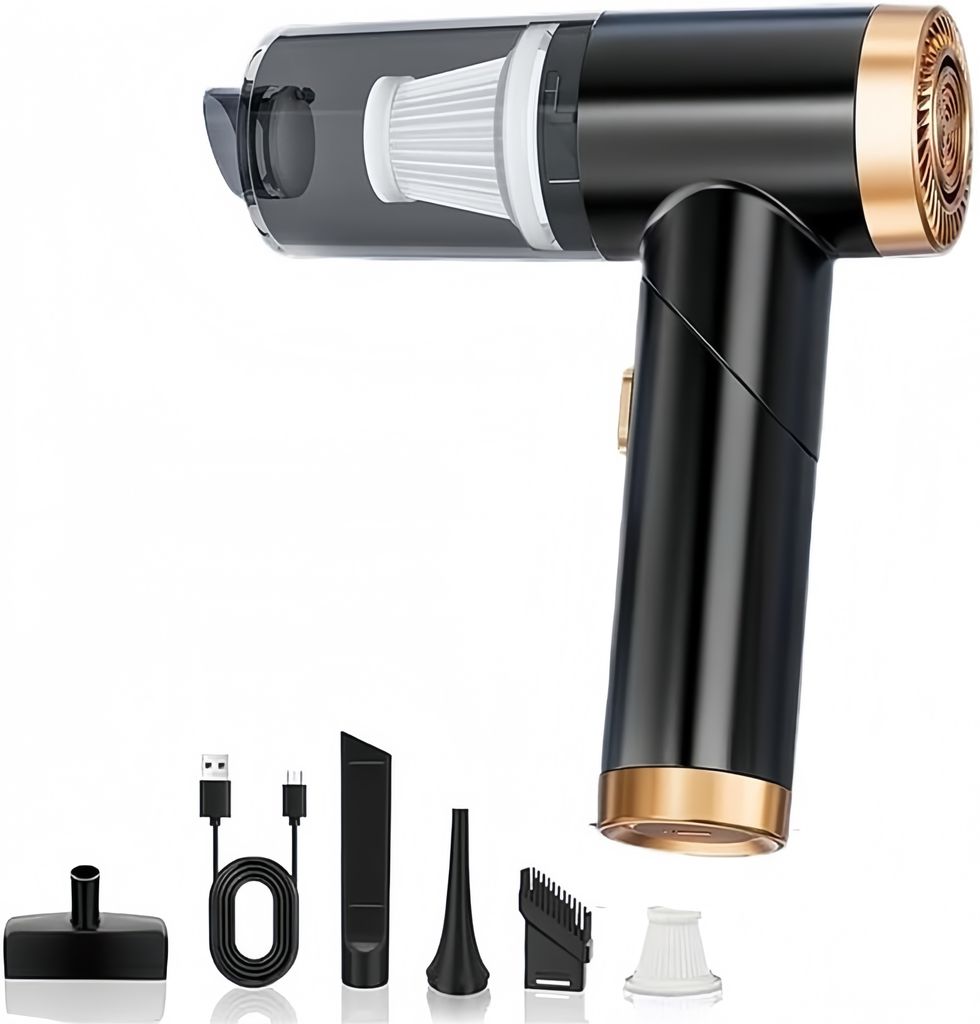 A black and gold cordless handheld vacuum cleaner with various attachments and a USB charging cable, displayed against a white background.