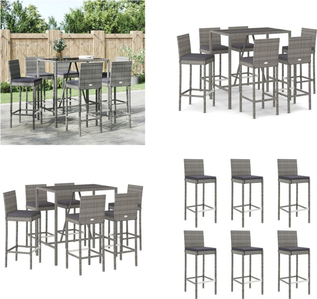 vidaXL 7 tlg. Gartenbar Set mit Kissen Grau Poly Rattan - Gartenbar Set - Gartenbar Sets - Garten Bar Set - Gartenbar