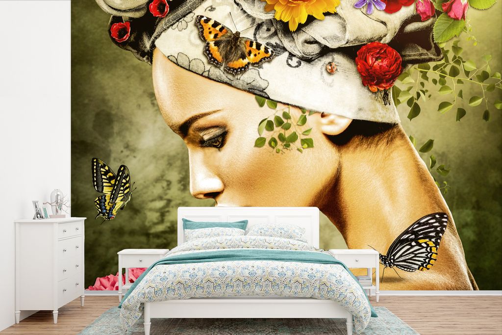 MuchoWow Fototapete für Wohnzimmer oder Schlafzimmer Wandtapete Vinyl Motivtapete Frau - Blumen - Farben - Schmetterlinge - Rosen - Kopftuch - 3...