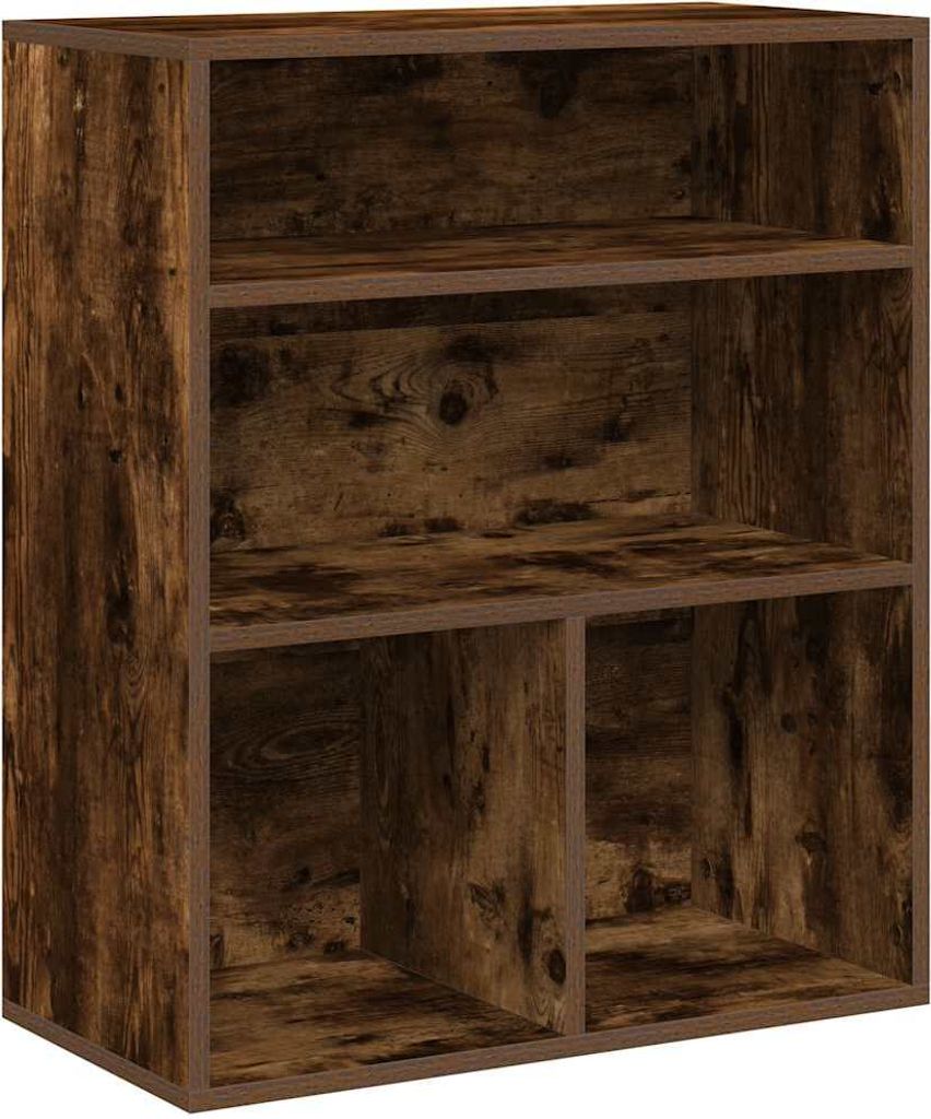 A wooden bookshelf with multiple compartments.