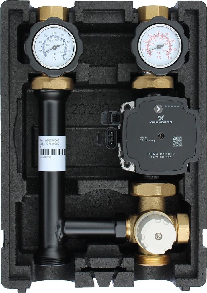 EcoMix EN004 Heizkreispumpengruppe mit Drei-Wege-Mischer, Festwertthermostat 40-70°C und Grundfos UPM3 Hybrid 25/7 Hocheffizienzpumpe