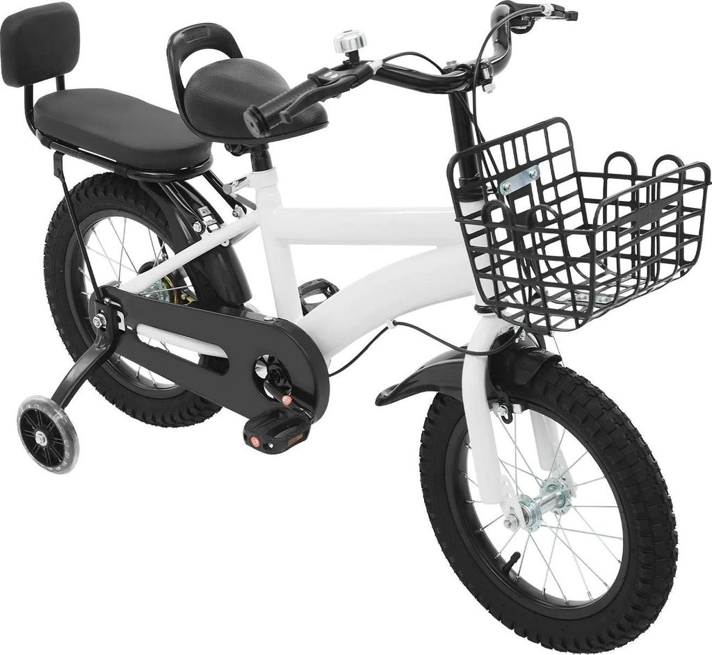 Kinderfahrrad - 35 cm Räder - Stützräder - Korb & Rücksitz mit Rückenlehne - Verstellbarer Sattel & Lenker - Bis 60 kg - Für 3–7 Jahre - Weiß