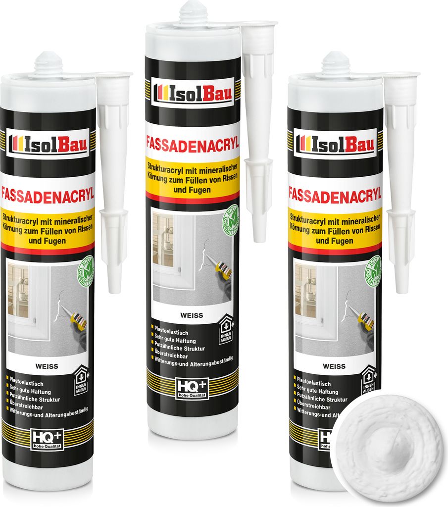 Isolbau Fassaden-Acryl - 3 x 300 ml Acryl-Dichtstoff mit Körnung zum Füllen von Rissen & Fugen im Innen- & Außenbereich - Weiß