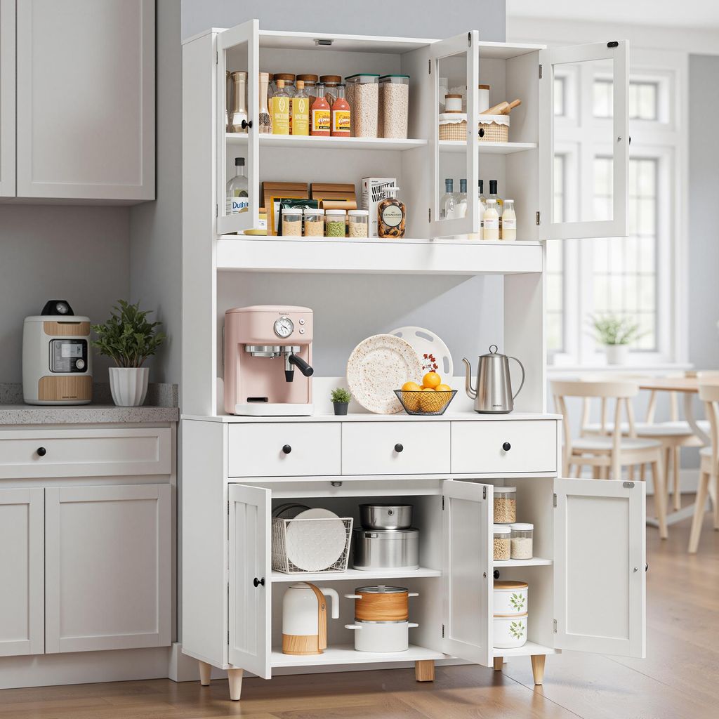 A white kitchen sideboard with glass doors, filled with kitchenware and food items.