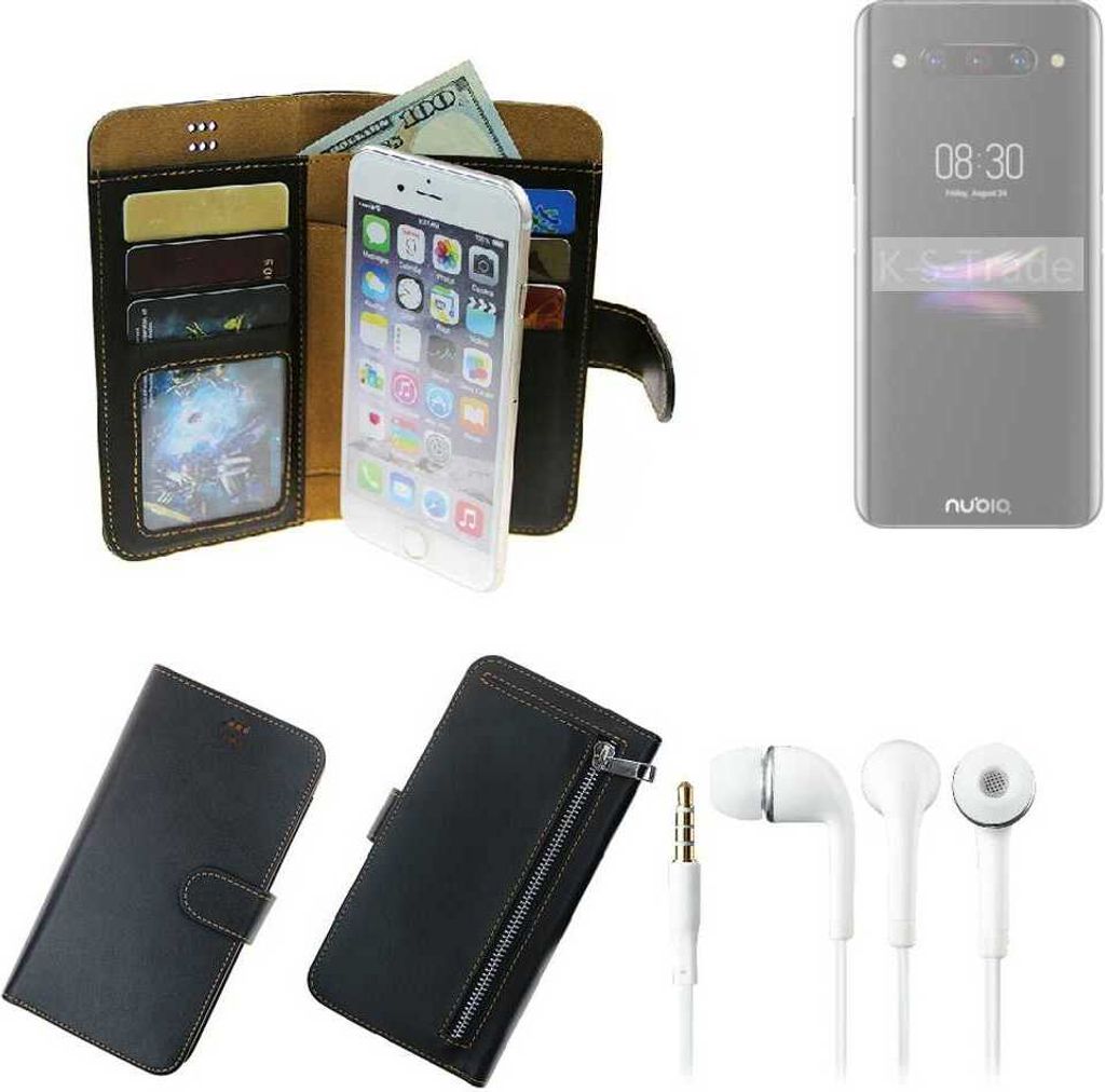 TOP SET Handy Hülle Schutz Hülle kompatibel mit Nubia Z20 schwarz aus Kunstleder + Kopfhörer Smartphone Tasche vollwertige Geldbörse K-S-Trade