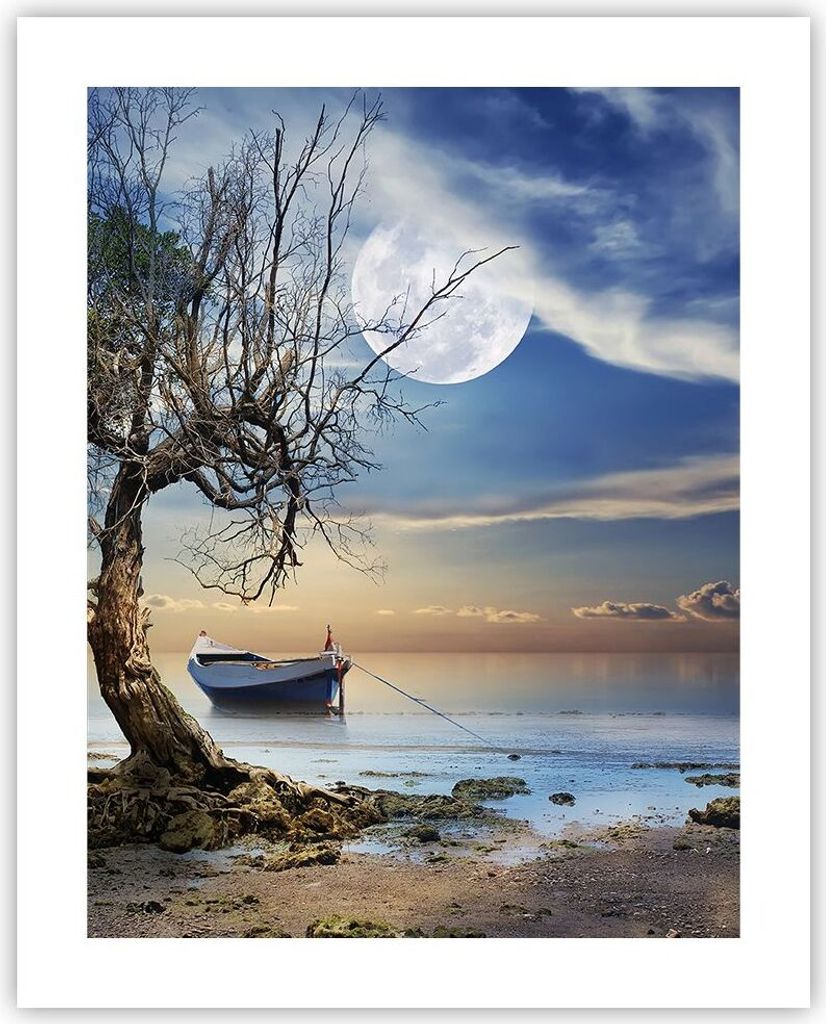 Poster - Poster ohne Rahmen - Nacht Mond Boot - 40x50 cm - Wand Bild - Wanddeko - Wandbilder - Kunstposter - Wandposter - Bilder - Kunstdruck - Wan...