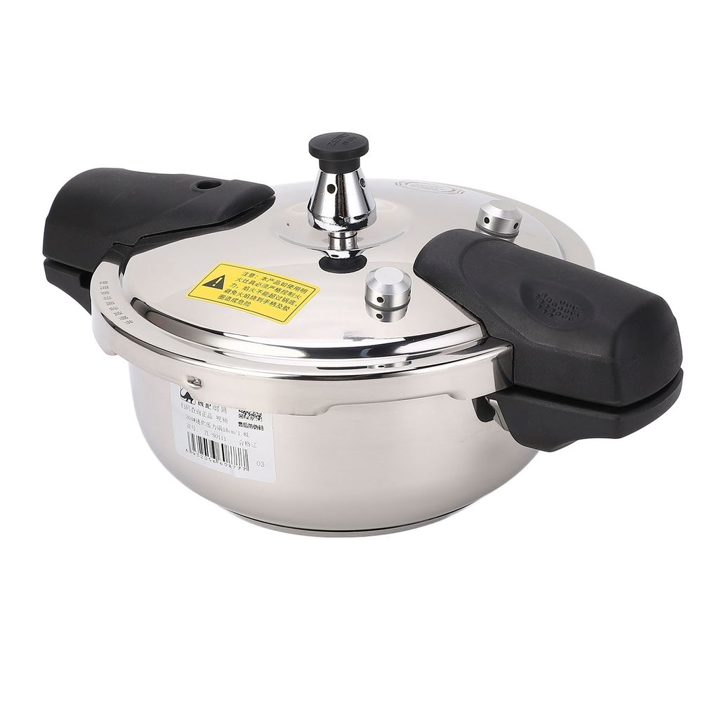 A stainless steel pressure cooker with black handles and a silver valve on top, set against a white background.