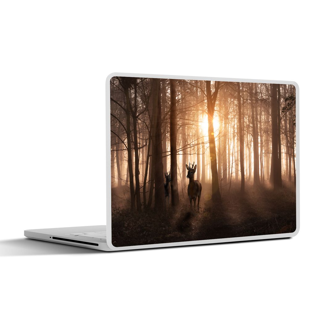 MuchoWow Laptop Aufkleber Sticker Cover Wald - Hirsche - Sonne - Bäume - Winter - Natur - Tiere 36.5x27.5 cm - Laptop-Sticker