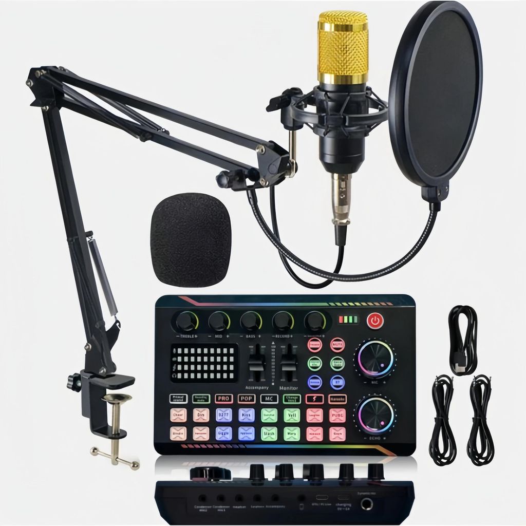 Mikrofon-Set mit Soundkarte - Bluetooth-Mixer - Kabellos - Für PC & Smartphone - Aufnahme & Livestream - Gold