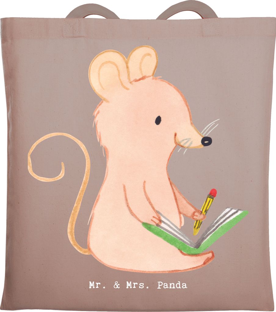 Mr. & Mrs. Panda Schultasche Maus Kreatives Schreiben - Braun Pastell - Geschenk, Tote Bag, Tasche, Creative Writing, Literatur, Baumwolltasche, Ju...