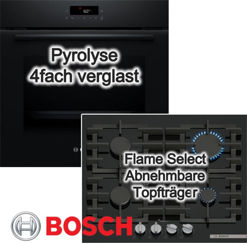 BOSCH Herdset Pyrolyse 3D-Heißluft + Gaskochfeld mit FlameSelect Rahmenlos
