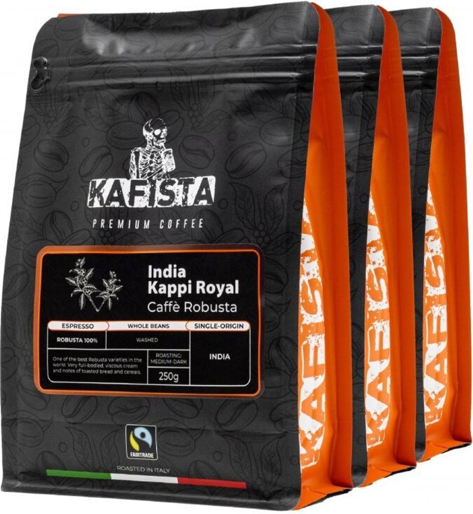 Kafista "India Kappi Royal" - 100% Robusta, geröstet in Italien - Espressobohnen 3x250g
