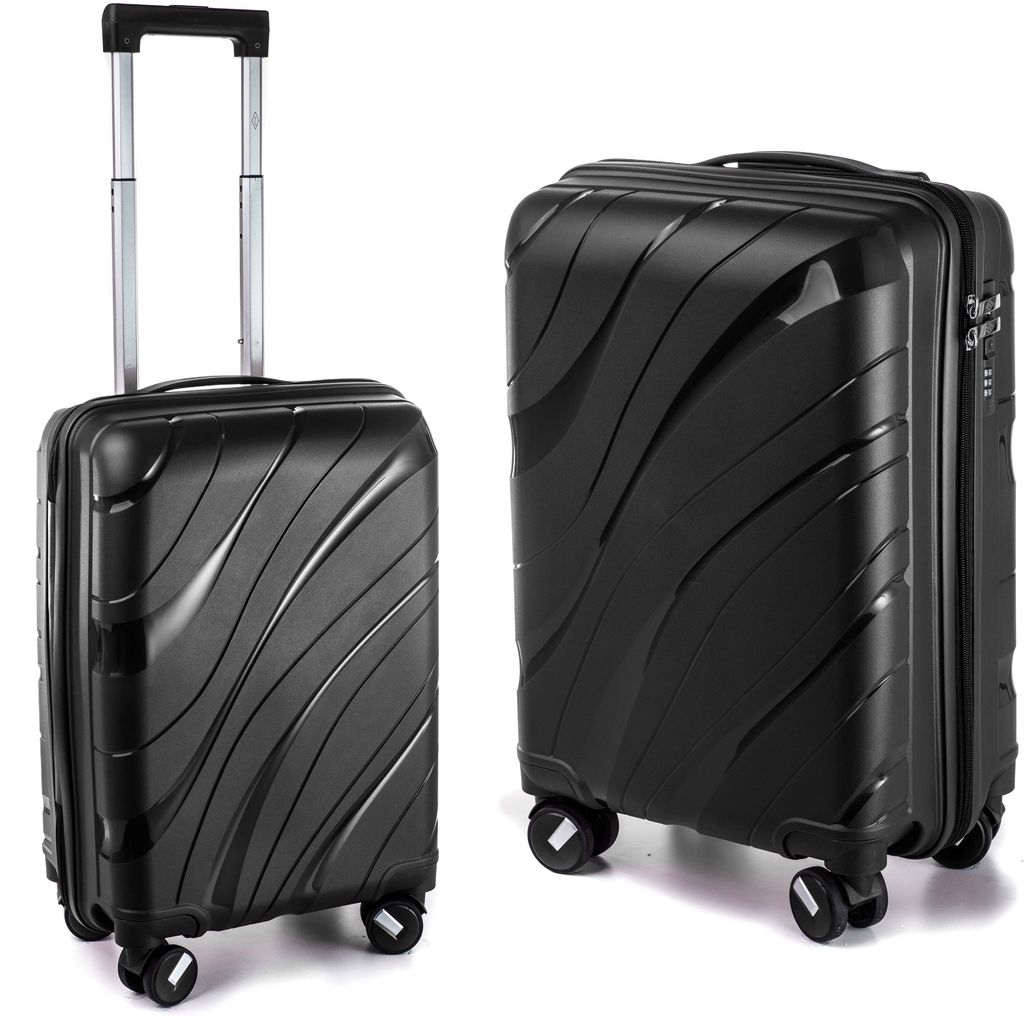 Two black suitcases are shown side-by-side against a white background. One is upright with its handle extended, and the other is lying on its side.