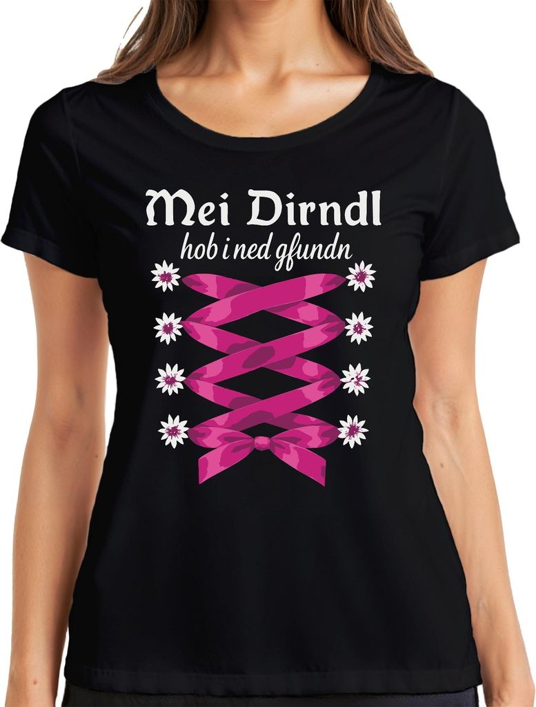 Mei Dirndl hob i ned gfundn Bayern Trachten Edelweiß Damen T-Shirt, Schwarz, M