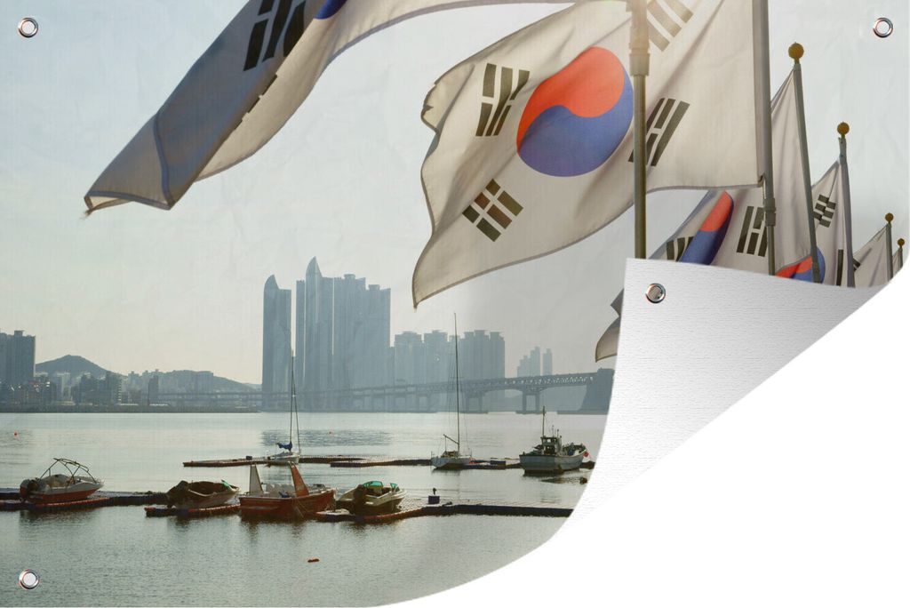 MuchoWow 120x80 cm Outdoor-Poster Gartendeko Sichtschutz Garten Poster für den Garten Südkoreanische Flaggen im Hafen von Busan
