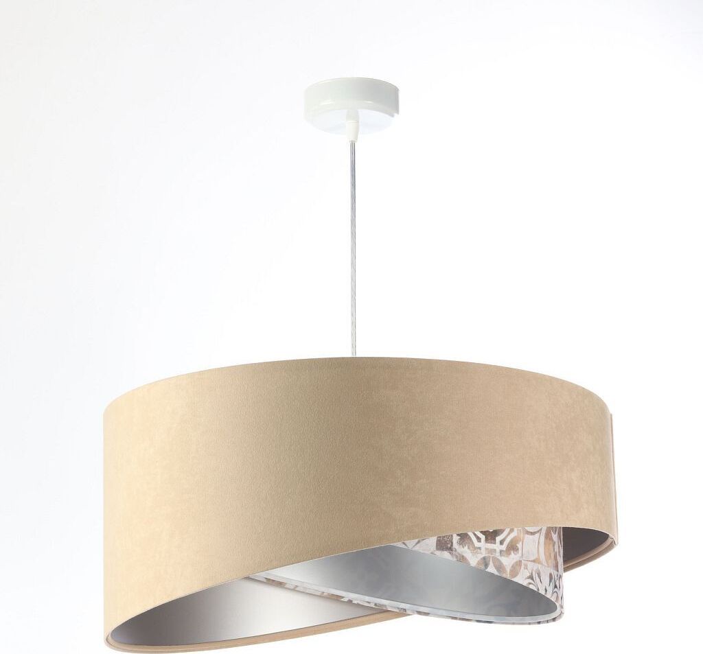 Hängelampe Stoff E27 Ø 50 cm H: max. 102 cm in Weiß Beige Beige (Vintage Print) Silber rund Modern Pendelleuchte