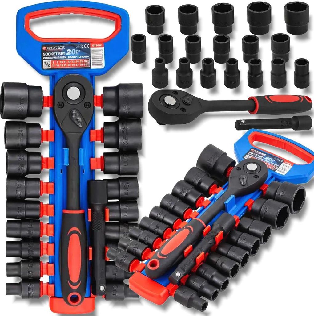 FORSAGE 1/2" Steckschlüsselsatz 20-teilig mit Ratsche und Verlängerung 8-32mm