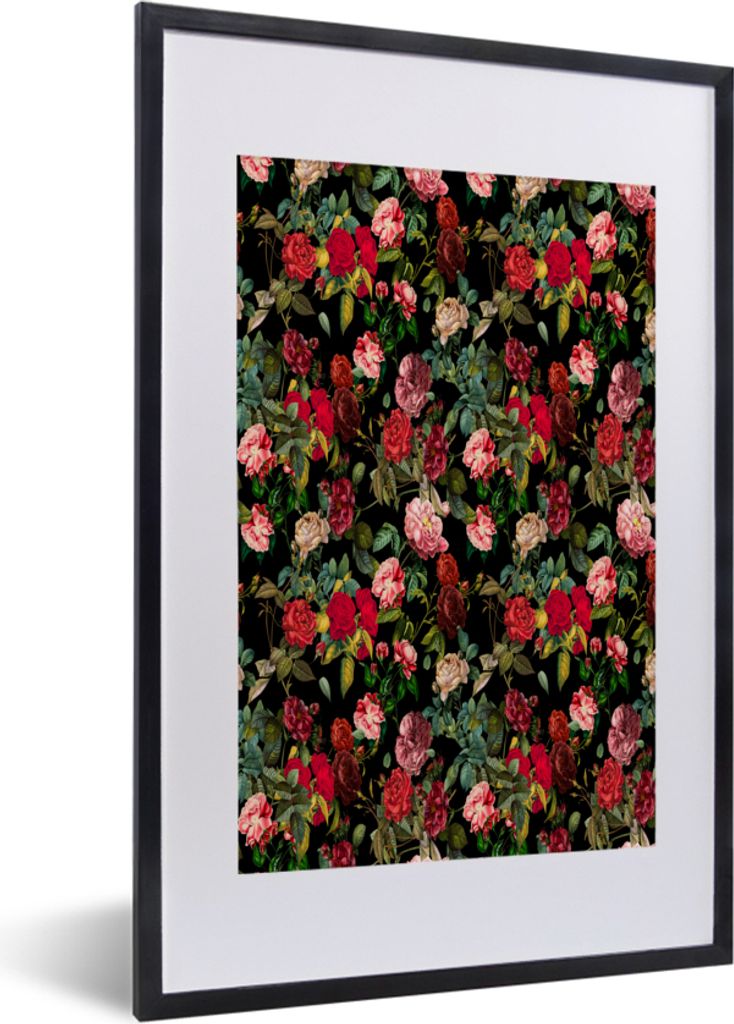 MuchoWow MuchoWow Gerahmtes Poster Blumen - Vintage - Rosen 40x60 cm - Poster mit zchwarzem Bilderrahmen - Poster in Rahmen