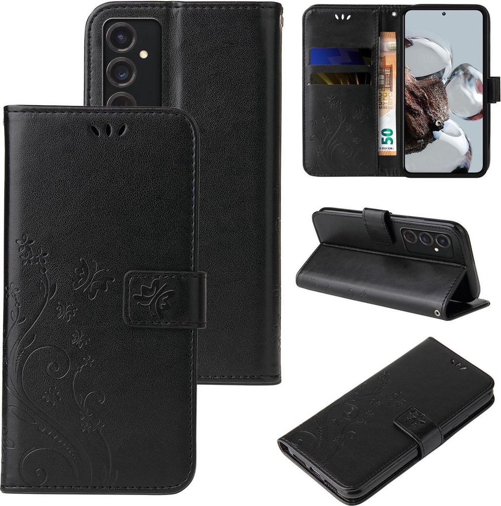 Handyhülle für Samsung Galaxy S24 Floral Blumen Schmetterling Flip Cover Hülle Case Klapphülle Handytasche Farbe: Schwarz
