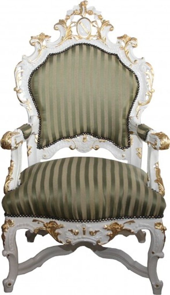 Casa Padrino Barock Luxus Thron Sessel Grün/Gold Streifen / Weiss/Gold - Unikat - Barock Möbel Thron Königssessel - Limited Edition