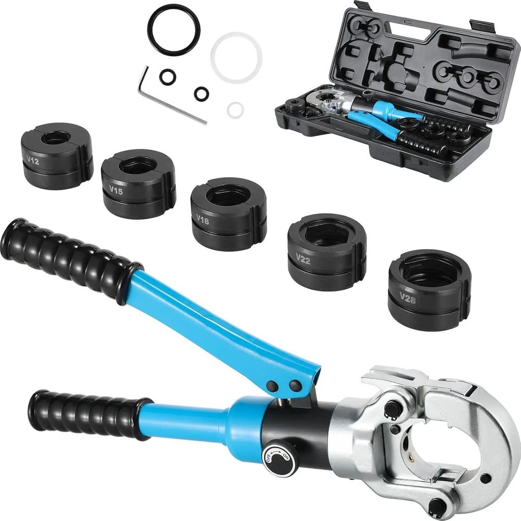 Hydraulische Rohrpresszange - Crimpzange V-Kontur - 12/15/18/22/28 mm Set - 360° drehbarer Kopf - Für Kupfer- & Edelstahlrohre - Blau