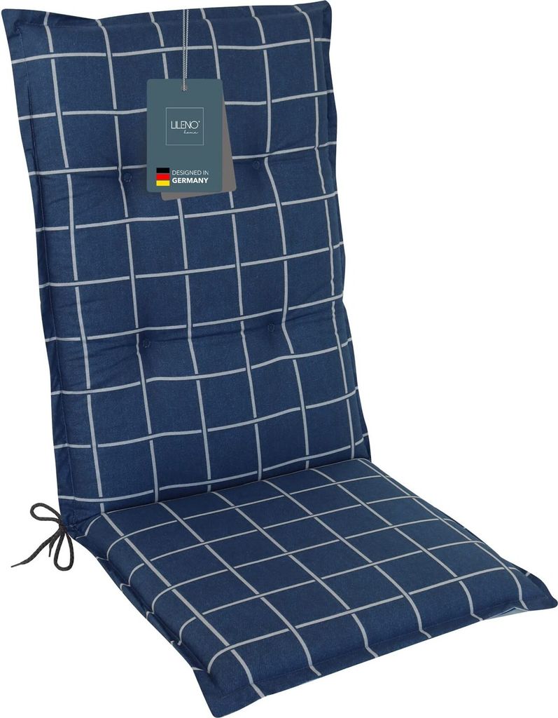 A dark blue chair cushion with a white grid pattern, shown against a white background.